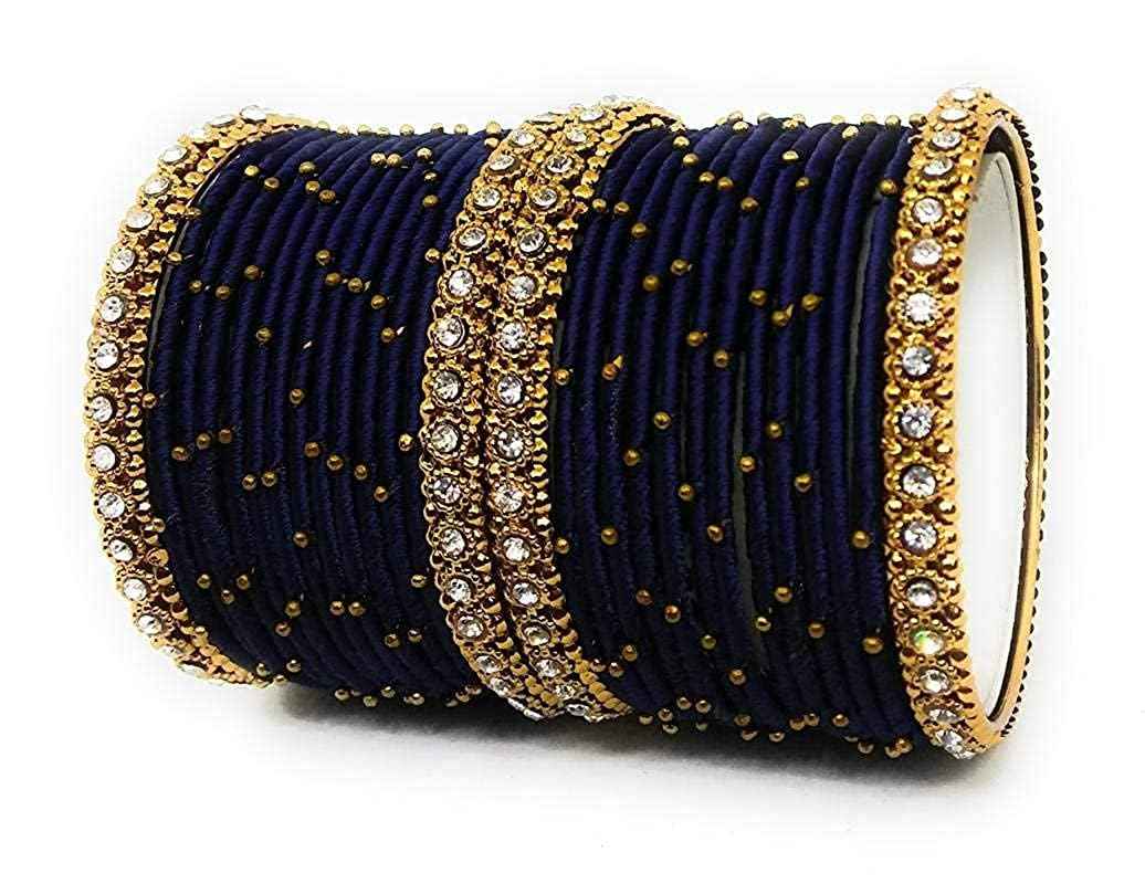 T4 Jewels Handmade Silk Thread Metal Bangles Set Zircon Stones Bridal Chuda/Wedding Chuda For Women & Girls (Set Of 28) Navy Blue T4 Jewels