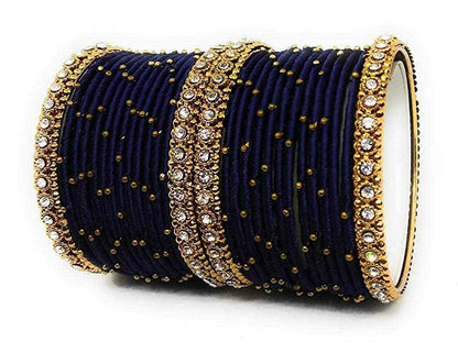 T4 Jewels Handmade Silk Thread Metal Bangles Set Zircon Stones Bridal Chuda/Wedding Chuda For Women & Girls (Set Of 28) Navy Blue T4 Jewels