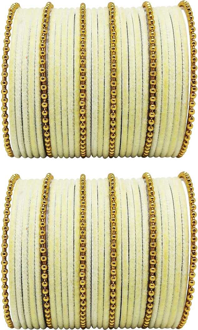 T4 Jewels Golden Beads Studded Glossy Finish Velvet Metal Bangles Set (Set Of 2) - 35NO