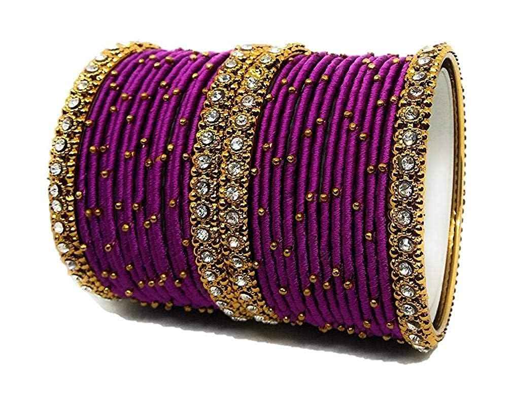 T4 Jewels Handmade Silk Thread Metal Bangles Set Zircon Stones Bridal Chuda/Wedding Chuda For Women & Girls (Set Of 28) Purple T4 Jewels