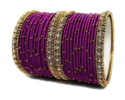 T4 Jewels Handmade Silk Thread Metal Bangles Set Zircon Stones Bridal Chuda/Wedding Chuda For Women & Girls (Set Of 28) Purple T4 Jewels