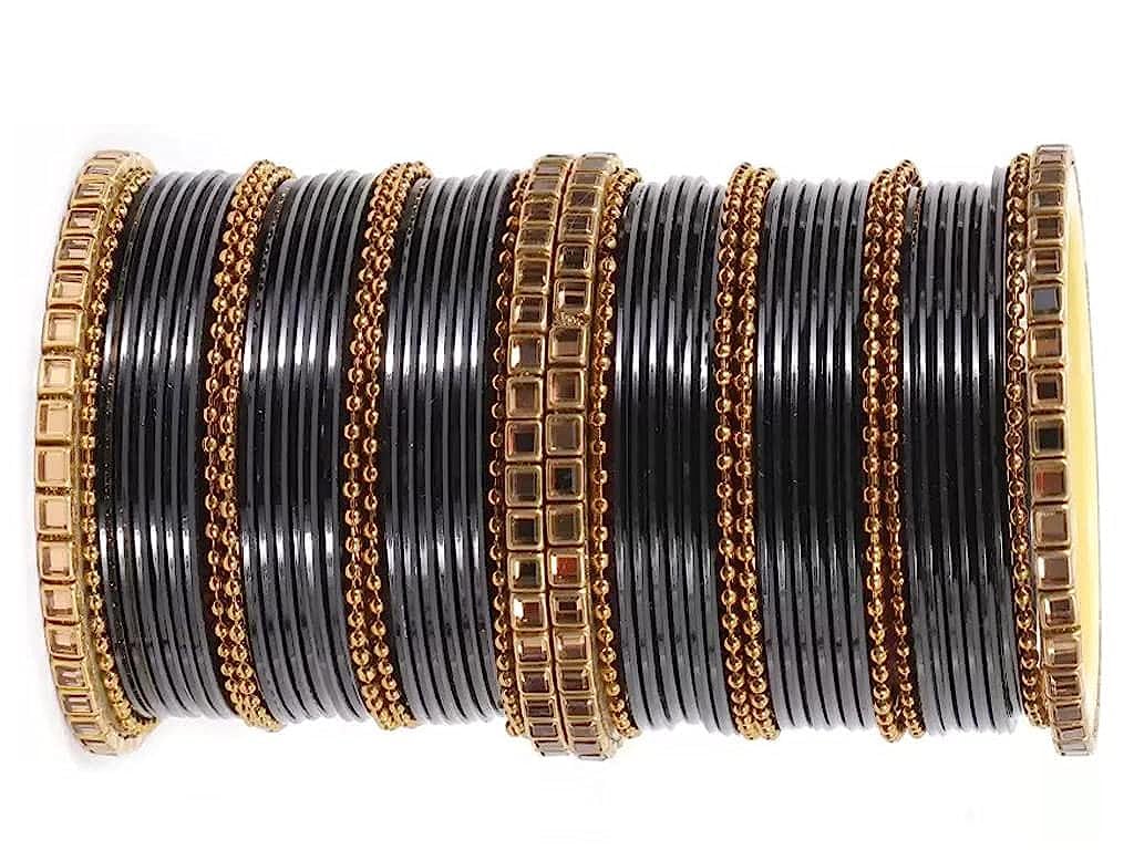 T4 Jewels Glossy Finished Gold Kundan Studded Fashion Jwellery Metal Bangles Set For Women & Girls Black T4 Jewels