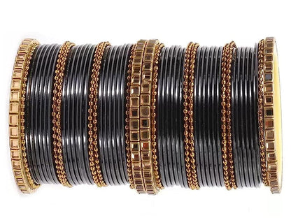 T4 Jewels Glossy Finished Gold Kundan Studded Fashion Jwellery Metal Bangles Set For Women & Girls Black T4 Jewels