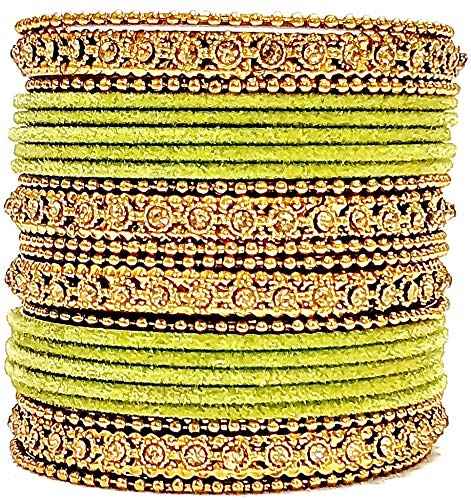 T4 Jewels Gold Plated & Stone Studded Velvet Metal Bangle Set (Wedding Chuda/Diwali Special) For Girls & Women - (Pack Of 24 Bangles) Mehandi T4 Jewels