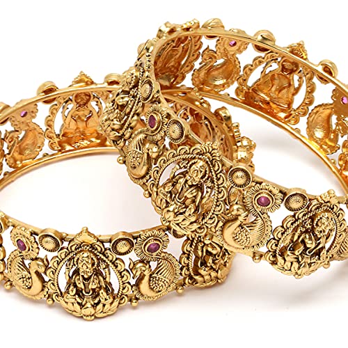 T4 Jewels Gold Plated Set of 2 Laxmi Mata and Peacock Design Bangles for Women T4 Jewels