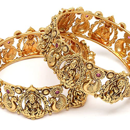 T4 Jewels Gold Plated Set of 2 Laxmi Mata and Peacock Design Bangles for Women T4 Jewels