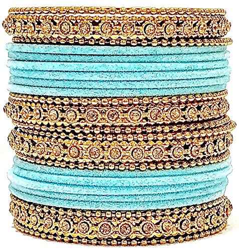 T4 Jewels Gold Plated & Stone Studded Velvet Metal Bangle Set (Wedding Chuda/Diwali Special) For Girls & Women - (Pack Of 24 Bangles) Light Surf T4 Jewels