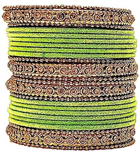 T4 Jewels Gold Plated & Stone Studded Velvet Metal Bangle Set (Wedding Chuda/Diwali Special) For Girls & Women - (Pack Of 24 Bangles) Light Green T4 Jewels