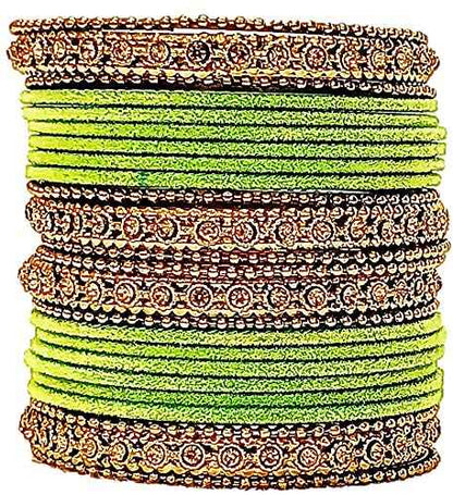 T4 Jewels Gold Plated & Stone Studded Velvet Metal Bangle Set (Wedding Chuda/Diwali Special) For Girls & Women - (Pack Of 24 Bangles) Light Green T4 Jewels