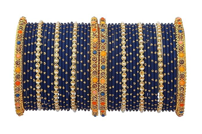T4 Jewels Multicolor Zircon Stones Studded Elegent Golden Dotted Metal Bangles Set For Women & Girls Navy Blue T4 Jewels