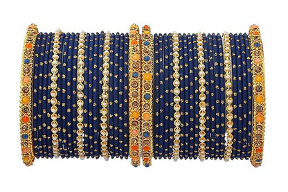 T4 Jewels Multicolor Zircon Stones Studded Elegent Golden Dotted Metal Bangles Set For Women & Girls Navy Blue T4 Jewels