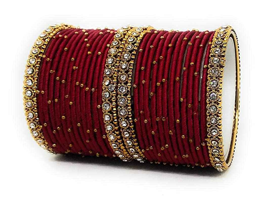 T4 Jewels Handmade Silk Thread Metal Bangles Set Zircon Stones Bridal Chuda/Wedding Chuda For Women & Girls (Set Of 28) Maroon T4 Jewels