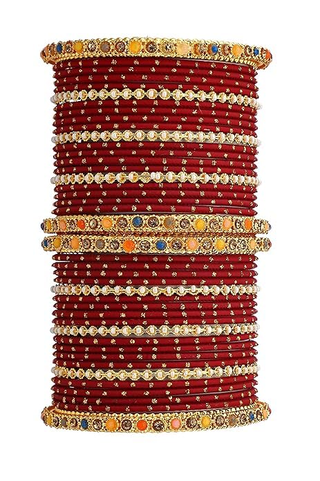 T4 Jewels Multicolor Zircon Stones Studded Elegent Golden Dotted Metal Bangles Set For Women & Girls T4 Jewels