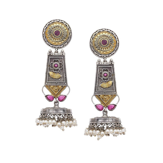Oxidized Silver Earring with Beaded Jhumki and ruby coloured stone