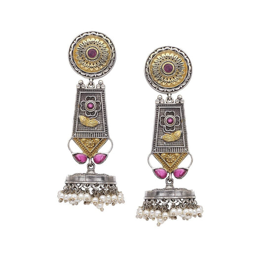 Oxidized Silver Earring with Beaded Jhumki and ruby coloured stone - T4 Jewels