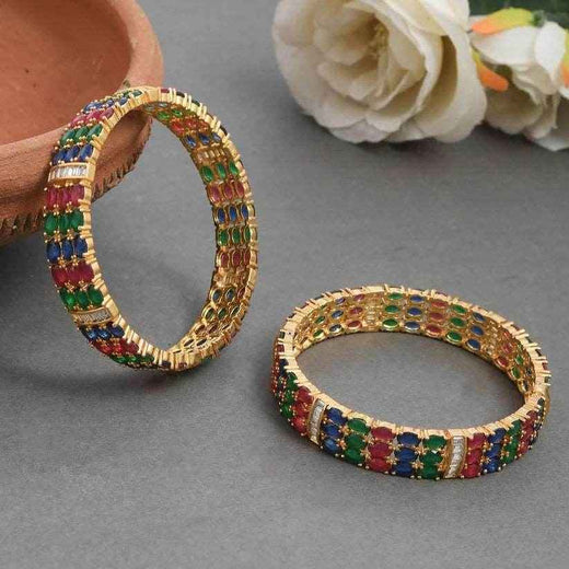 Emerald Sapphire Ruby Diamond Designer Gold Kada Bangles (AD-006)