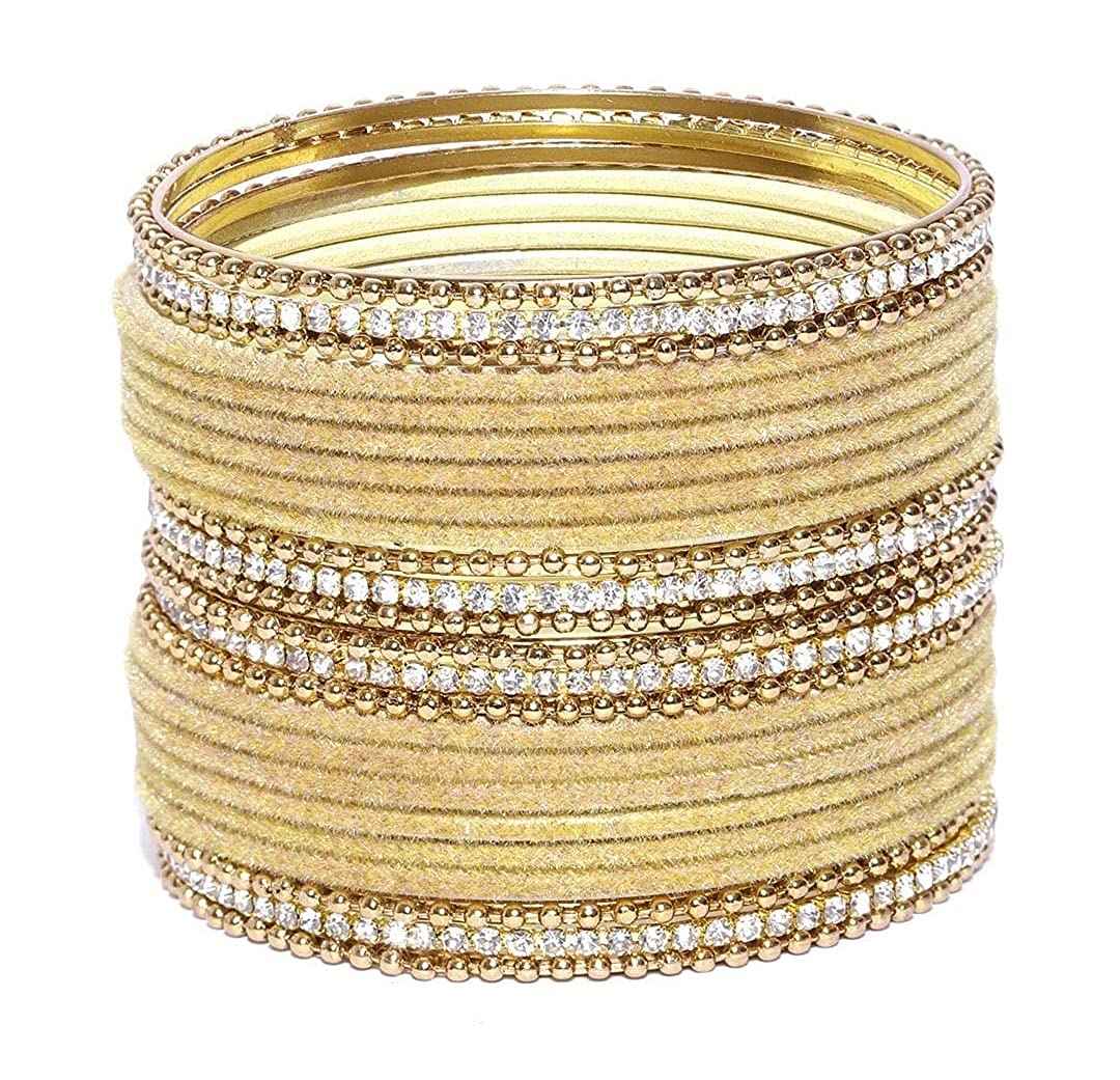 T4 Jewels Gold Plated Stones Studded Zircon Velvet Metal Bangles Set For Women & Girls Golden T4 Jewels