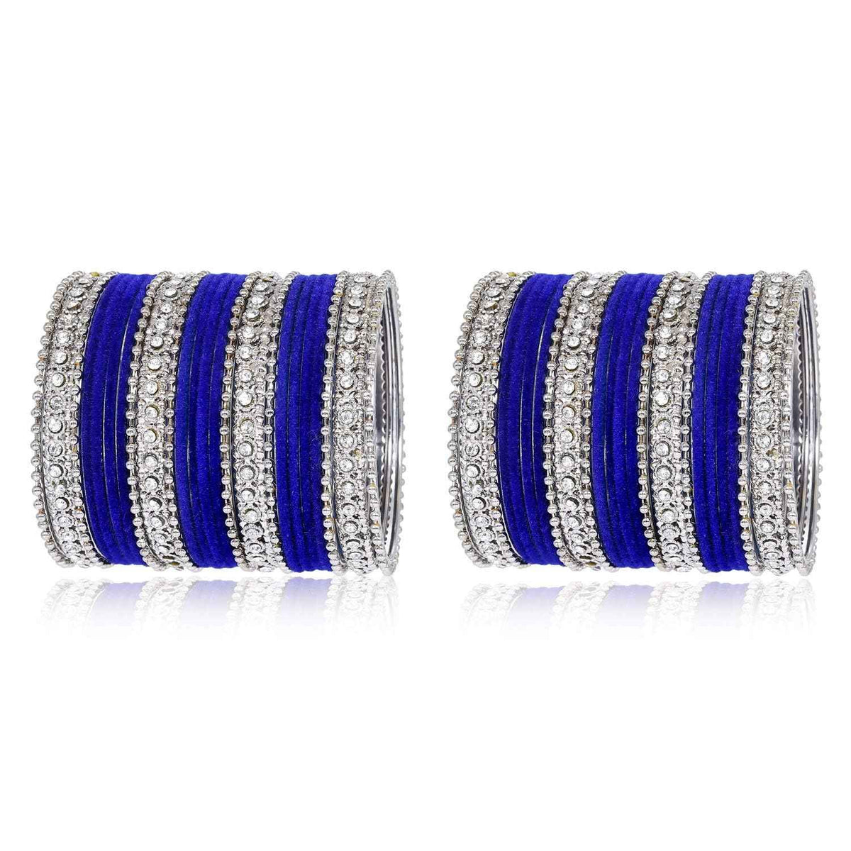 T4 Jewels Silver Plated Glossy Finished Shine Stones Studded Fashion Jewellery Metal Bangles Set For Women & Girls - (Set Of 2 Hands) Blue T4 Jewels