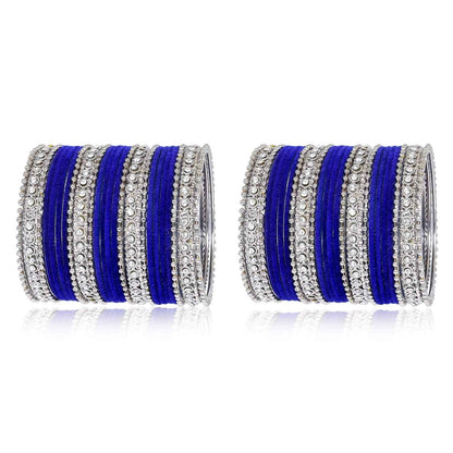 T4 Jewels Silver Plated Glossy Finished Shine Stones Studded Fashion Jewellery Metal Bangles Set For Women & Girls - (Set Of 2 Hands) Blue T4 Jewels