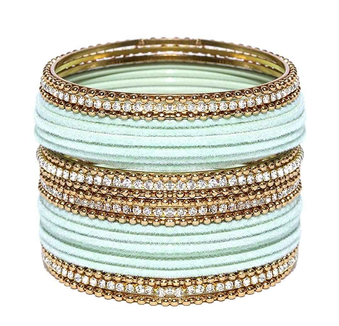 T4 Jewels Gold Plated Stones Studded Zircon Velvet Metal Bangles Set For Women & Girls Sky Blue T4 Jewels