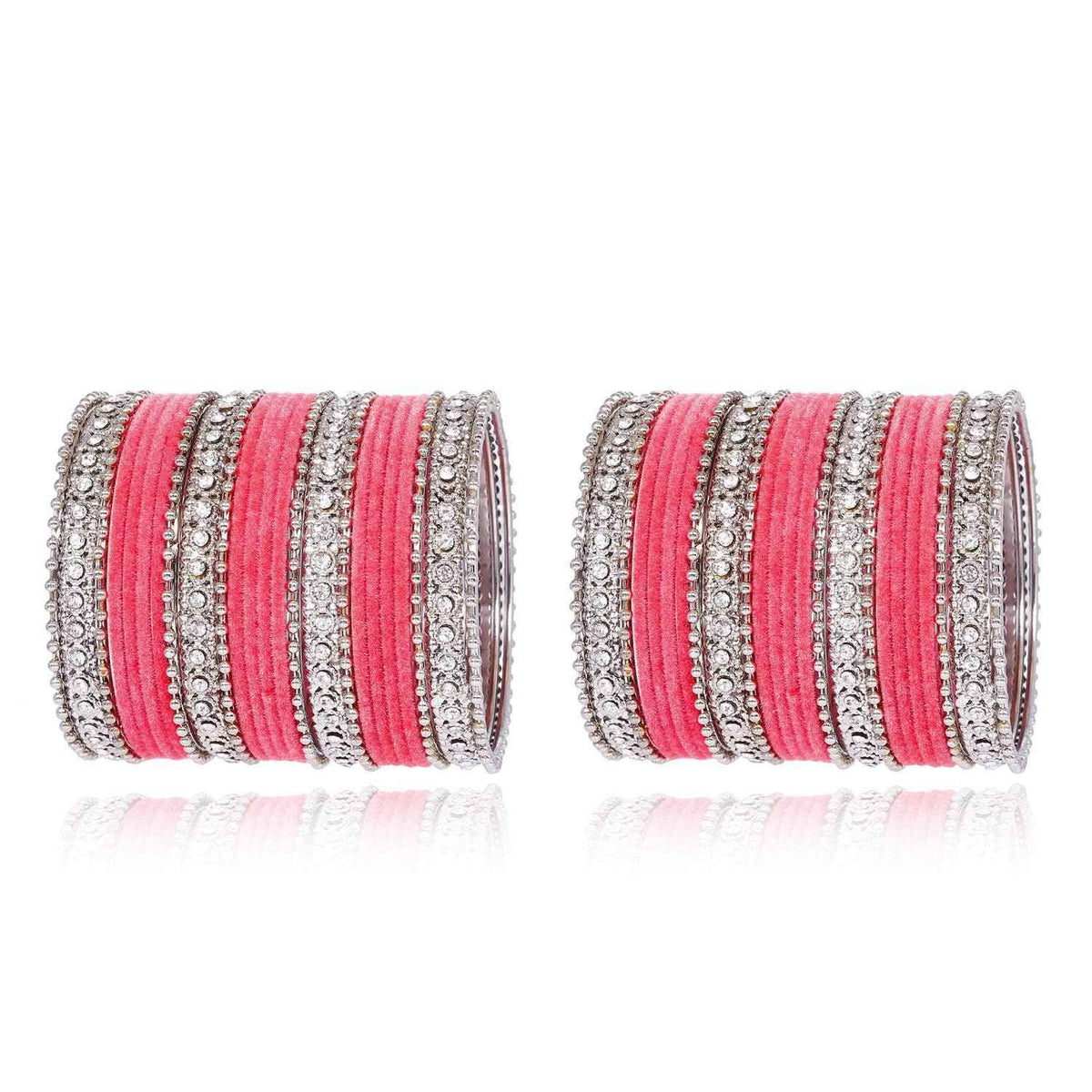 T4 Jewels Silver Plated Glossy Finished Shine Stones Studded Fashion Jewellery Metal Bangles Set For Women & Girls - (Set Of 2 Hands) Watermelon T4 Jewels