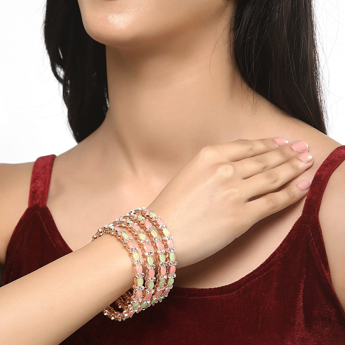 ZENEME Rose Gold-Plated Lime Green & White Oval Shaped AD studded Handcrafted Bangles Set for Girls and Women (Set Of 4) (2.8) T4 Jewels