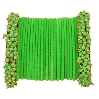 T4 Jewels Glossy Finished Fashion Jewellery Latest Collection Pearl & Velvet Metal Bangles Set For Girls & Women (Set Of 26) Light Green T4 Jewels