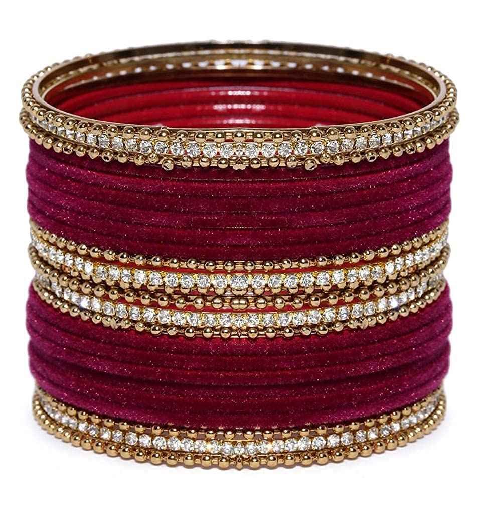 T4 Jewels Gold Plated Stones Studded Zircon Velvet Metal Bangles Set For Women & Girls Maroon T4 Jewels