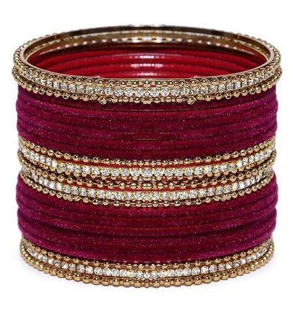 T4 Jewels Gold Plated Stones Studded Zircon Velvet Metal Bangles Set For Women & Girls Maroon T4 Jewels