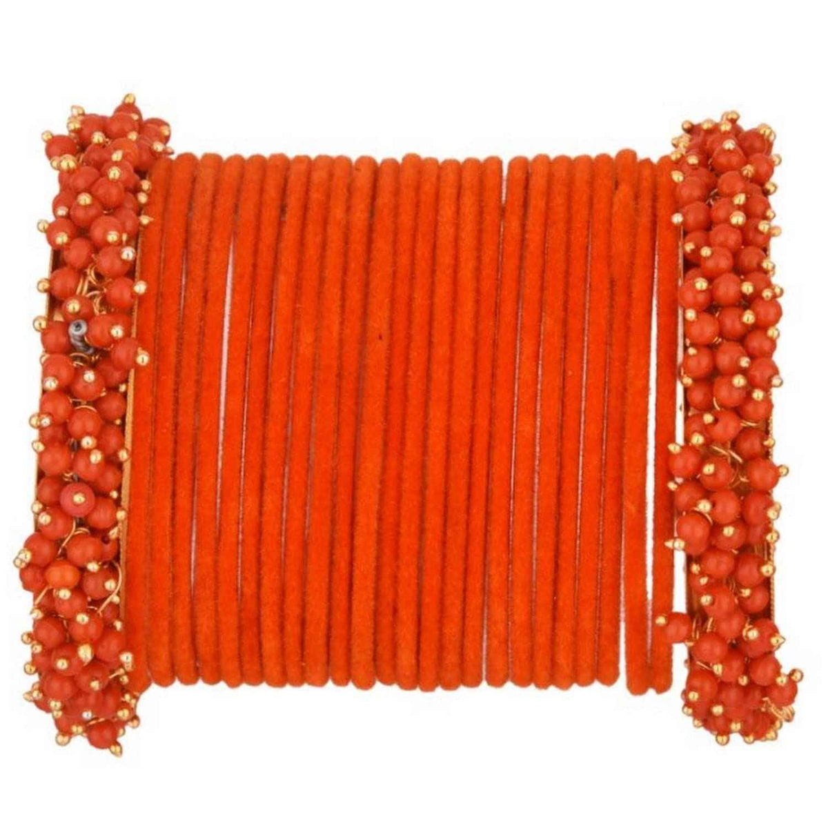 T4 Jewels Glossy Finished Fashion Jewellery Latest Collection Pearl & Velvet Metal Bangles Set For Girls & Women (Set Of 26) Orange T4 Jewels