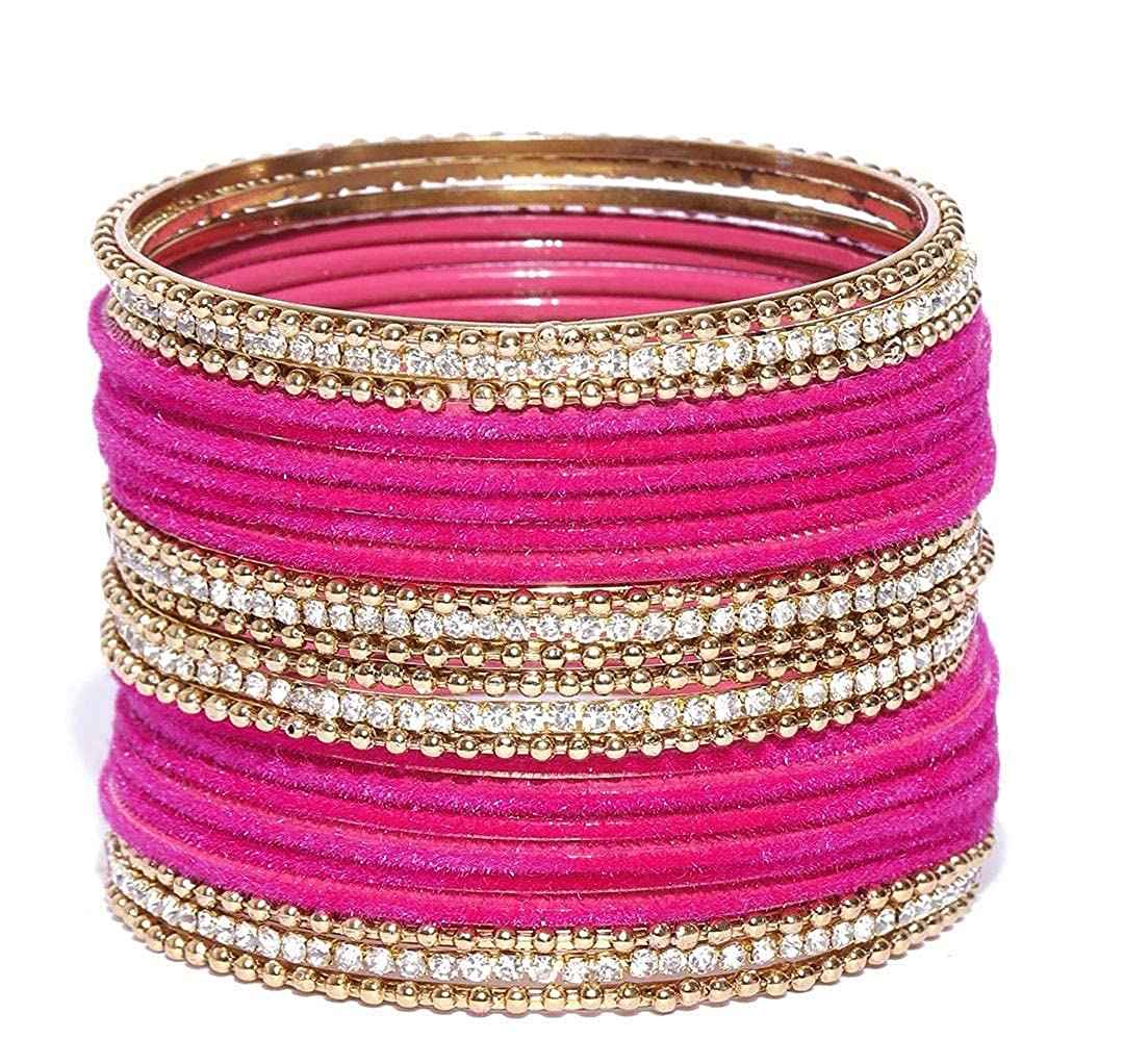 T4 Jewels Gold Plated Stones Studded Zircon Velvet Metal Bangles Set For Women & Girls Megenta T4 Jewels