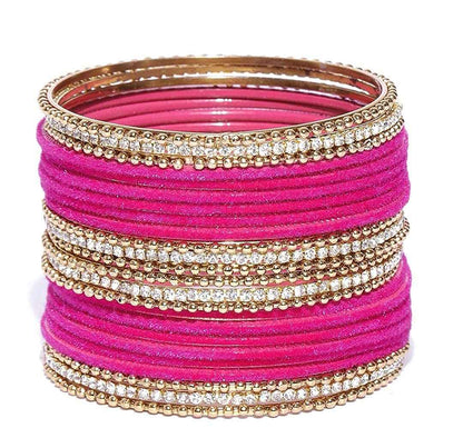 T4 Jewels Gold Plated Stones Studded Zircon Velvet Metal Bangles Set For Women & Girls Megenta T4 Jewels