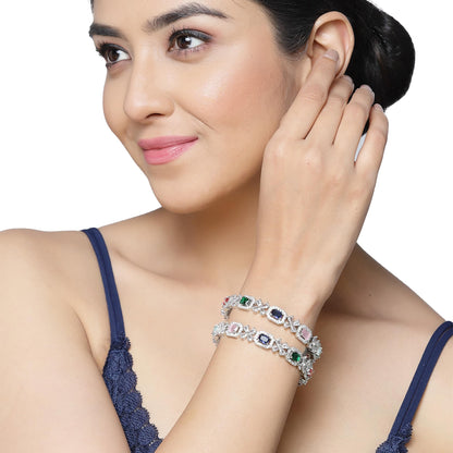 ZENEME Rhodium-Plated Silver Toned American Diamond Square Shaped studded Bangle Jewellery Set for Girls and Women (Set Of 2) T4 Jewels