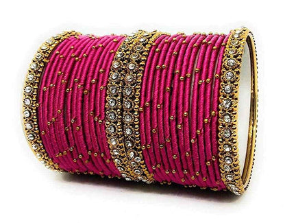 T4 Jewels Handmade Silk Thread Metal Bangles Set Zircon Stones Bridal Chuda/Wedding Chuda For Women & Girls (Set Of 28) Rani T4 Jewels