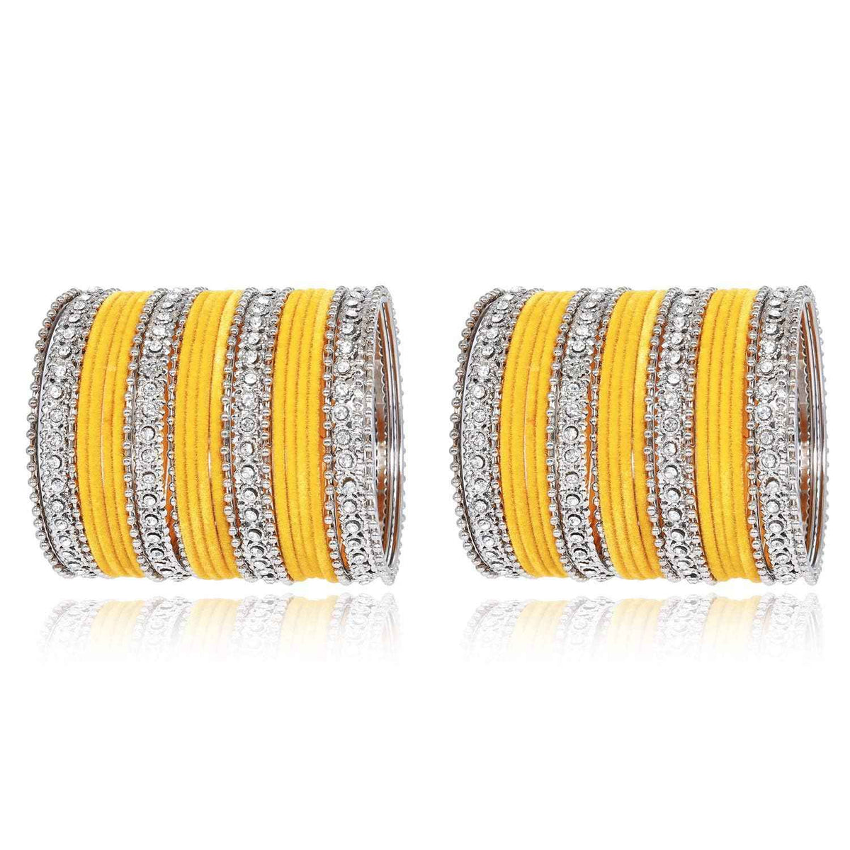 T4 Jewels Silver Plated Glossy Finished Shine Stones Studded Fashion Jewellery Metal Bangles Set For Women & Girls - (Set Of 2 Hands) Yellow T4 Jewels