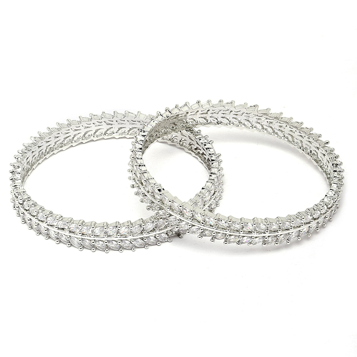 ZENEME Rhodium-Plated Silver Toned White American Diamond studded Lead Shape Bangle Jewelry Set for Girls and Women (Set Of 2) 2.6 T4 Jewels
