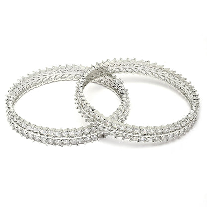 ZENEME Rhodium-Plated Silver Toned White American Diamond studded Lead Shape Bangle Jewelry Set for Girls and Women (Set Of 2) 2.6 T4 Jewels