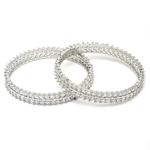 T4 Jewels Rhodium-Plated Silver Toned White American Diamond studded Lead Shape Bangle Jewelry Set for Girls and Women (Set Of 2)