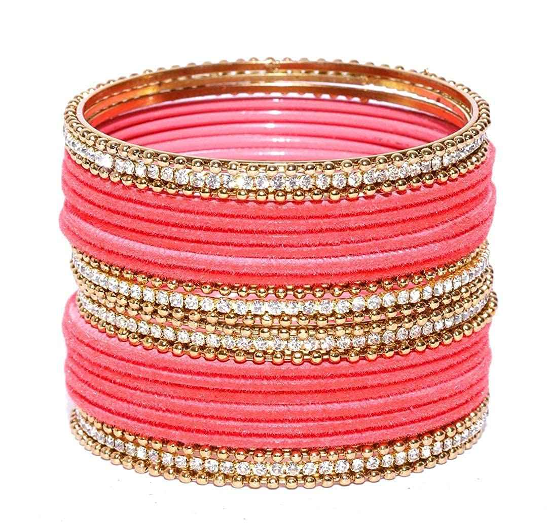 T4 Jewels Gold Plated Stones Studded Zircon Velvet Metal Bangles Set For Women & Girls Pink T4 Jewels