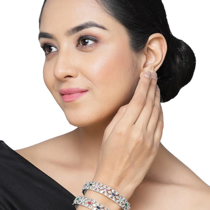 ZENEME Rhodium-Plated Silver Toned American Diamond Square Shaped studded Bangle Jewellery Set for Girls and Women (Set Of 2) T4 Jewels