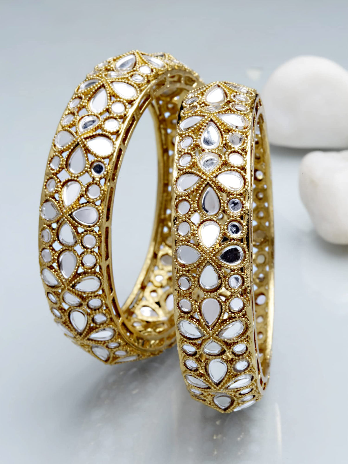T4 Jewels Antique Gold Plated Set of 2 Floral Mirror Work Kundan Bangles for Women T4 Jewels