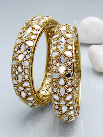 T4 Jewels Antique Gold Plated Set of 2 Floral Mirror Work Kundan Bangles for Women T4 Jewels