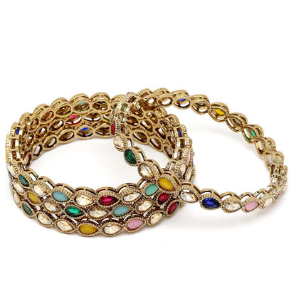 T4 Jewels Gold Plated Set of 4 Drop Shape Multicolor Stone Studded Bangles for Women 2.8 T4 Jewels