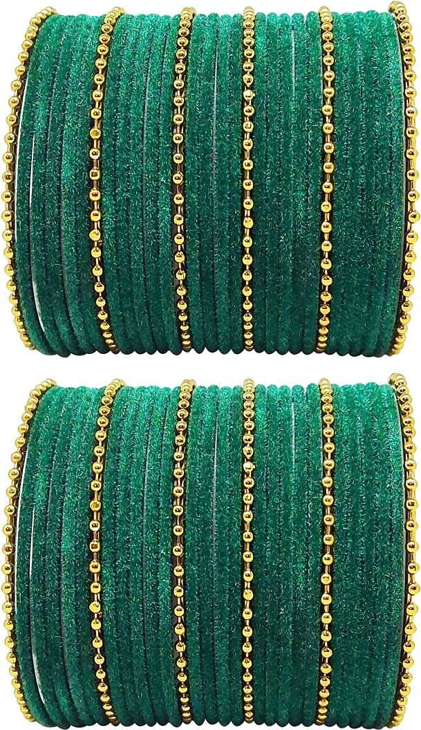 T4 Jewels Golden Beads Studded Glossy Finish Velvet Metal Bangles Set (Set Of 2) - 35NO