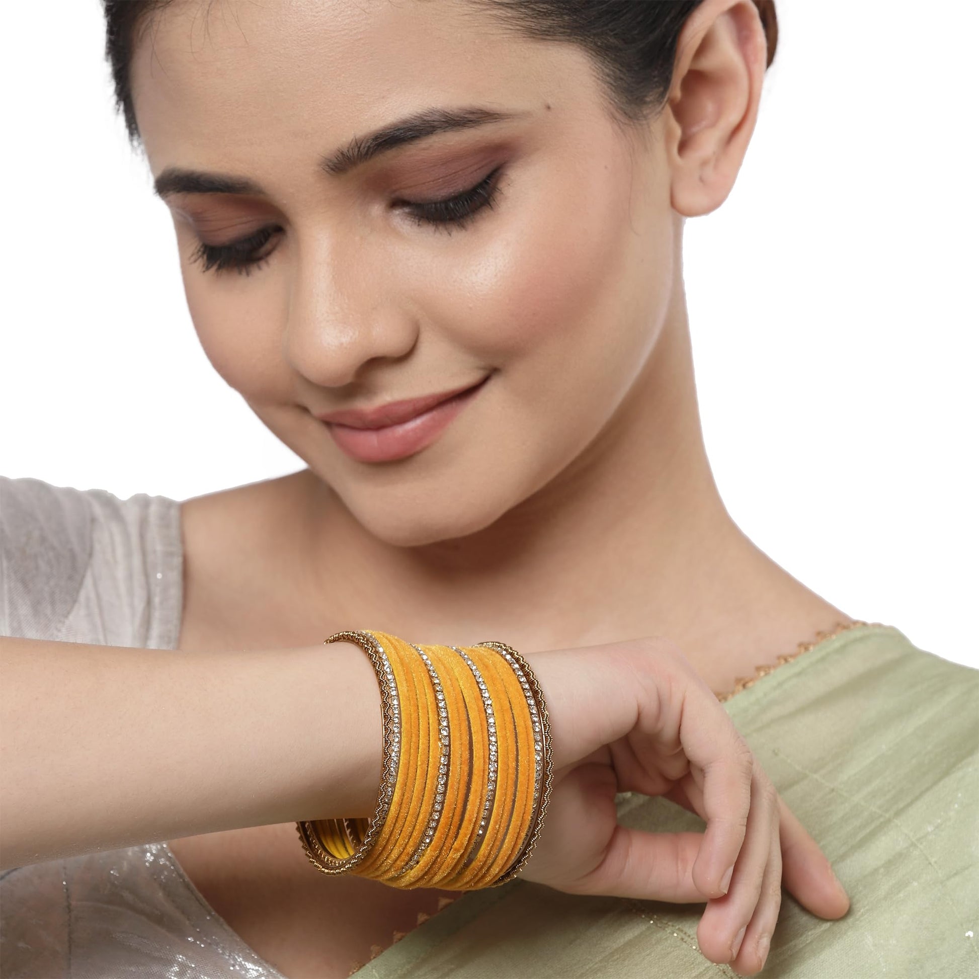 ZENEME Gold-Plated Matte Finish Velvet White American Diamonds Studded Bangles Set Of 36 For Girls and Women T4 Jewels