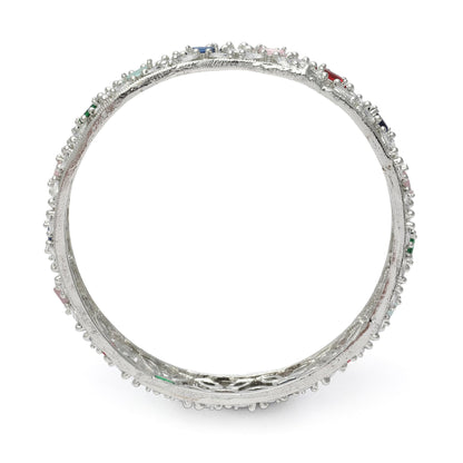 ZENEME Rhodium-Plated Silver Toned American Diamond Square Shaped studded Bangle Jewellery Set for Girls and Women (Set Of 2) T4 Jewels