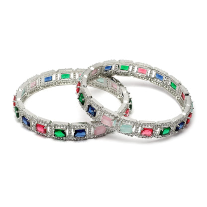 ZENEME Rhodium-Plated Silver Toned American Diamond Square Shaped studded Bangle Jewellery Set for Girls and Women (Set Of 2) Design_02 T4 Jewels