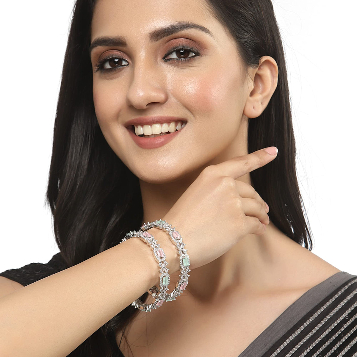 ZENEME Rhodium-Plated Silver Toned American Diamond Square Shaped studded Bangle Jewellery Set for Girls and Women (Set Of 2) T4 Jewels