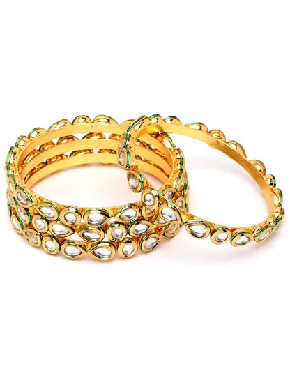 T4 Jewels Set of 4 Gold Plated Round and Drop Shape Polki Kundan Studded Bangles for Women T4 Jewels