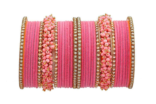 T4 Jewels Brass Metal Velvet Pearl And Beads Glossy Finished Bangles Set (Set For 2 Hand) - 59NO
